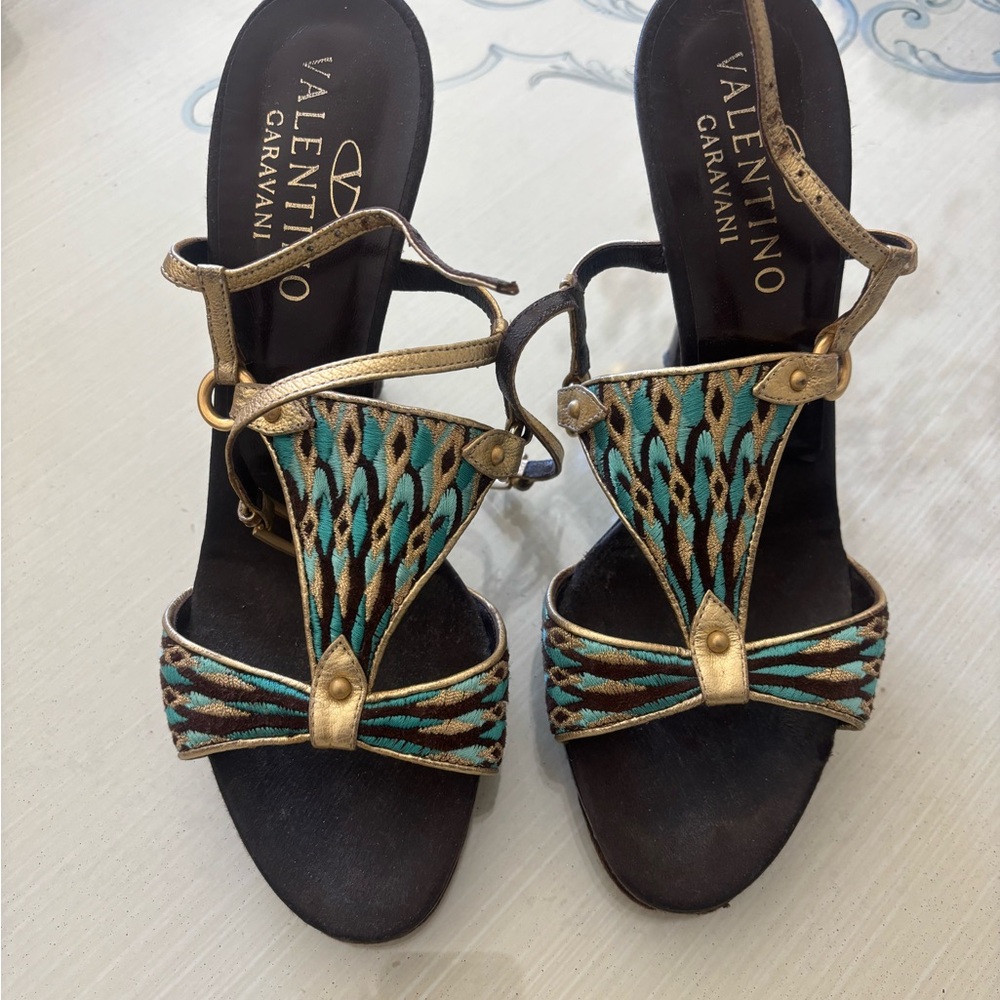 Valentino Garavani Gold and Teal Heels